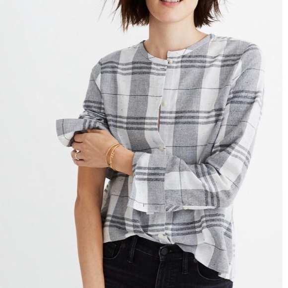 Madewell plaid collarless swingy bottom down blouse, size XS - Picture 1 of 9